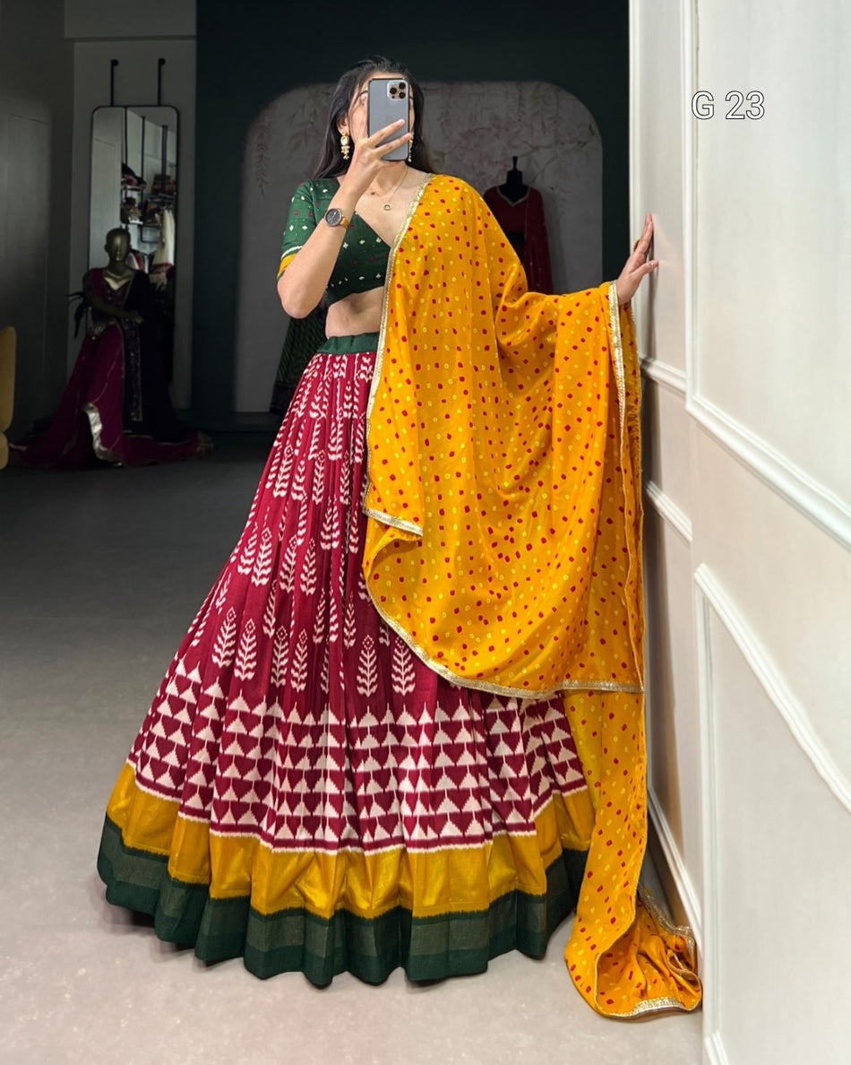 Maroon Tussar Silk Lehenga with Print & Foil Work – G 23 Maroon