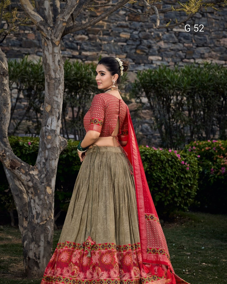 Tussar Silk Lehenga with Foil Print & Heavy Tassels – G 52 Mehendi