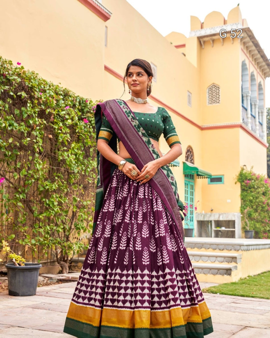 Tussar Silk Lehenga with Foil Print & Heavy Tassels – G 52 Wine