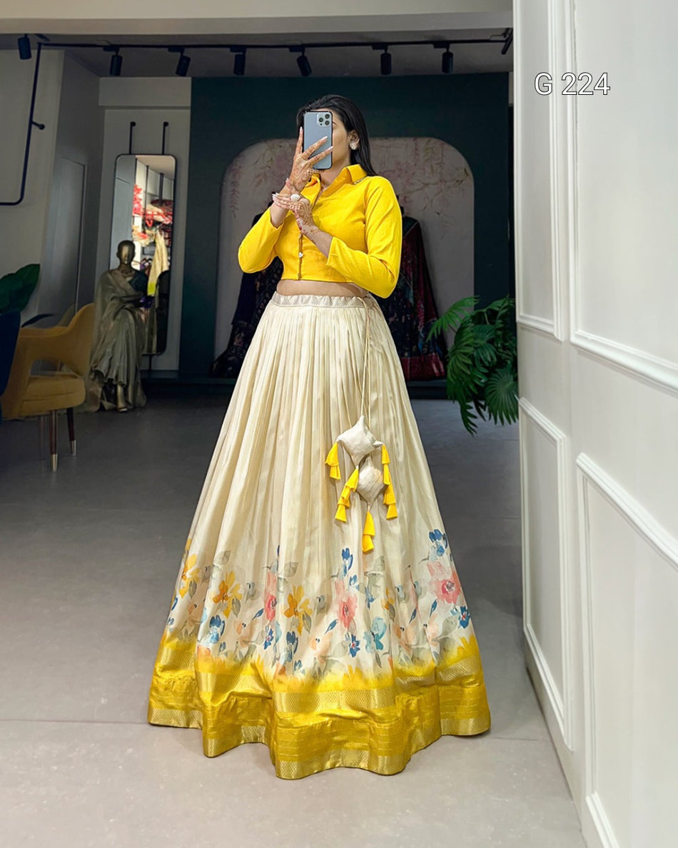 Floral Print Dola Silk Lehenga with Sequins & Zari Border – G 224 Yellow