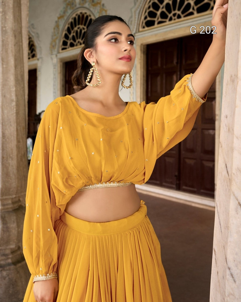 Yellow Georgette Lehenga with Sequins and Thread Embroidery Work, Sequins Butties Top – G 202 Yellow