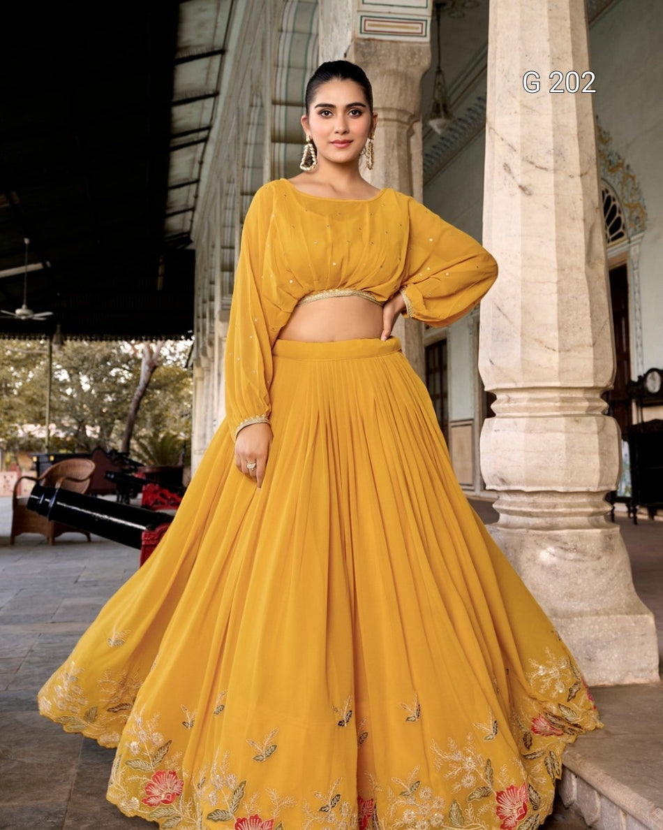 Yellow Georgette Lehenga with Sequins and Thread Embroidery Work, Sequins Butties Top – G 202